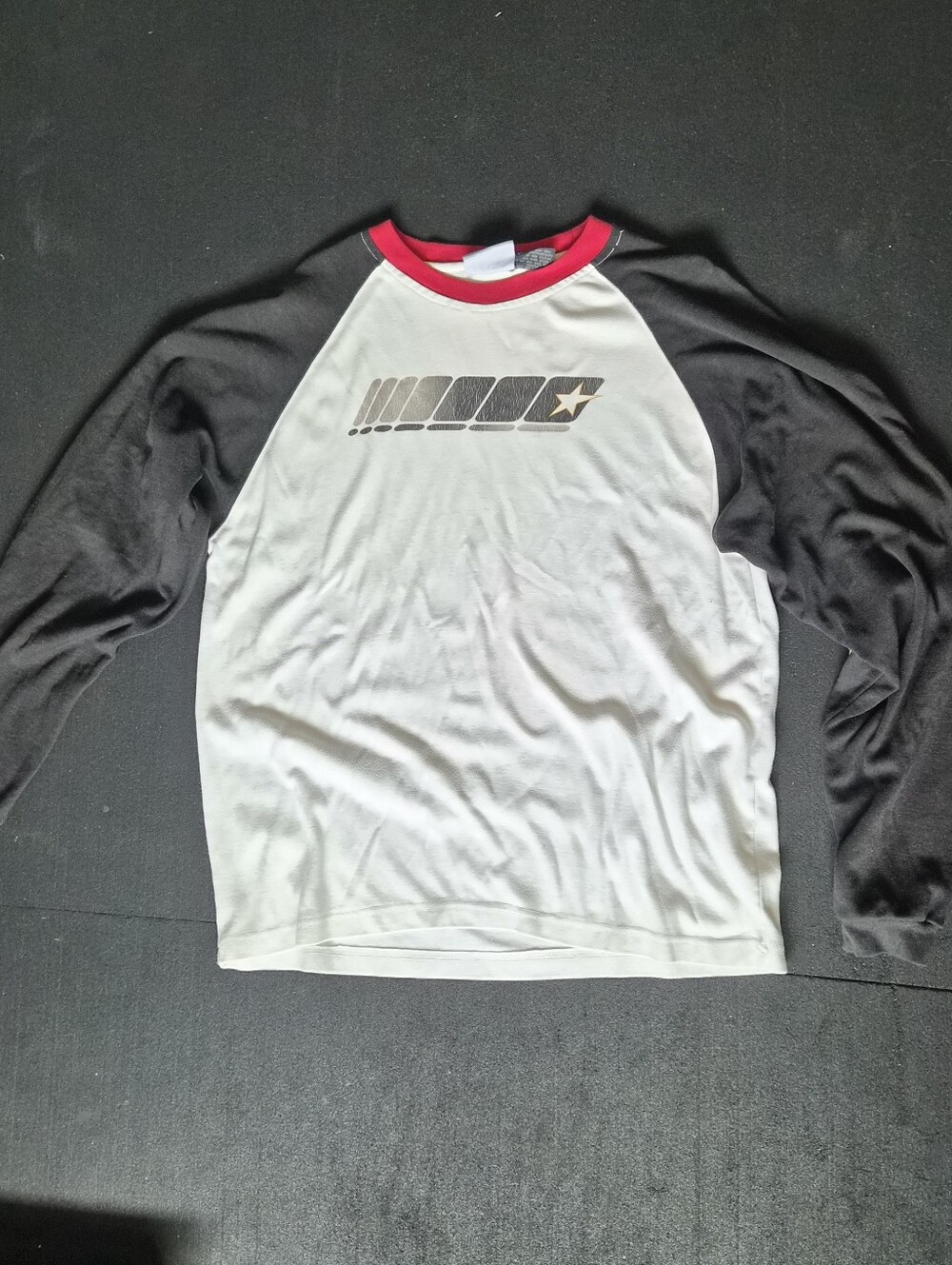 Y2k Skater Long Sleeve Graphic Raglan Tee - White, Black & Red Elbow Patches